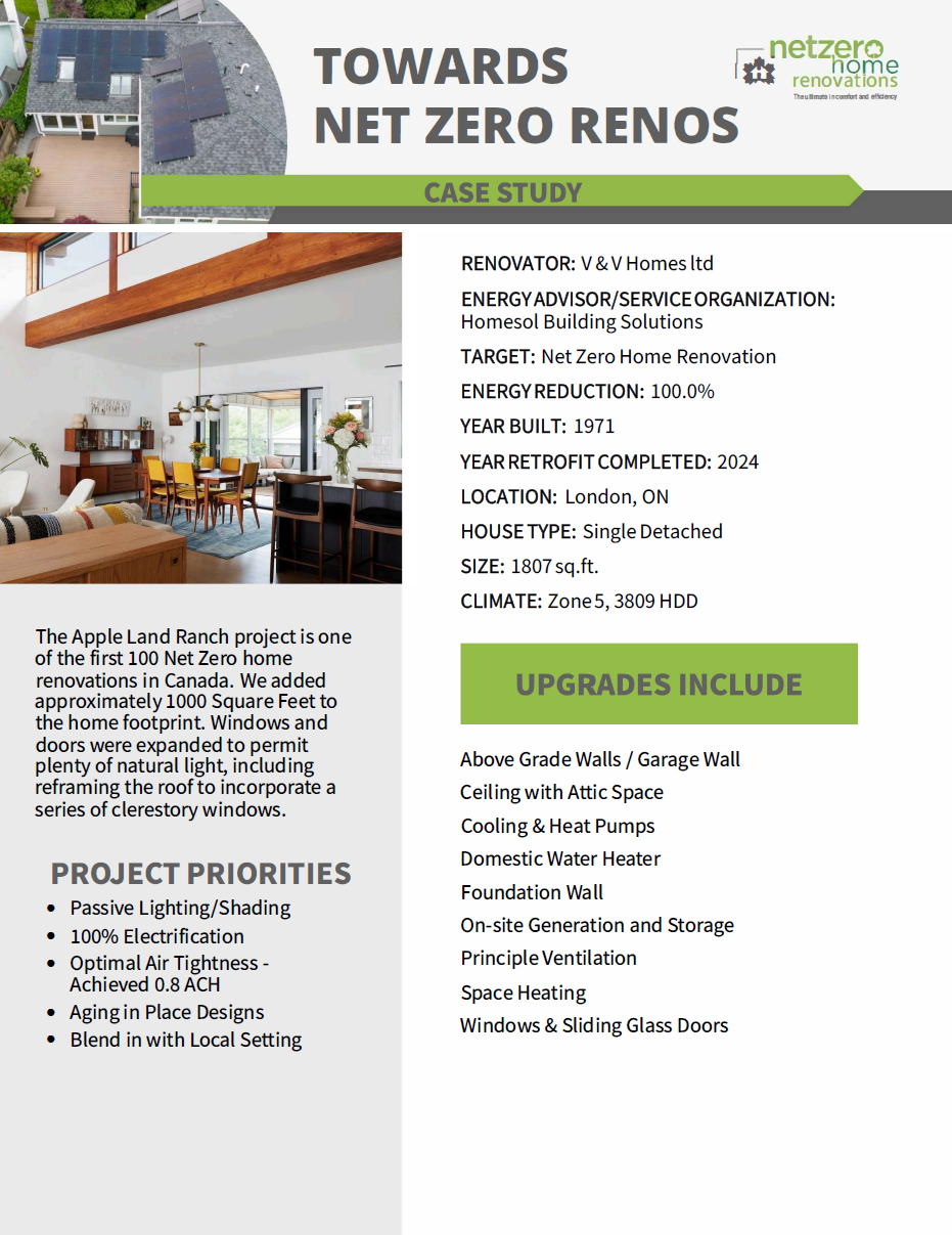 A Towards Net Zero Renos Case Studies poster showcasing project priorities, upgrades, and details for a London, ON home—featuring energy efficiency, natural lighting, and improved systems.