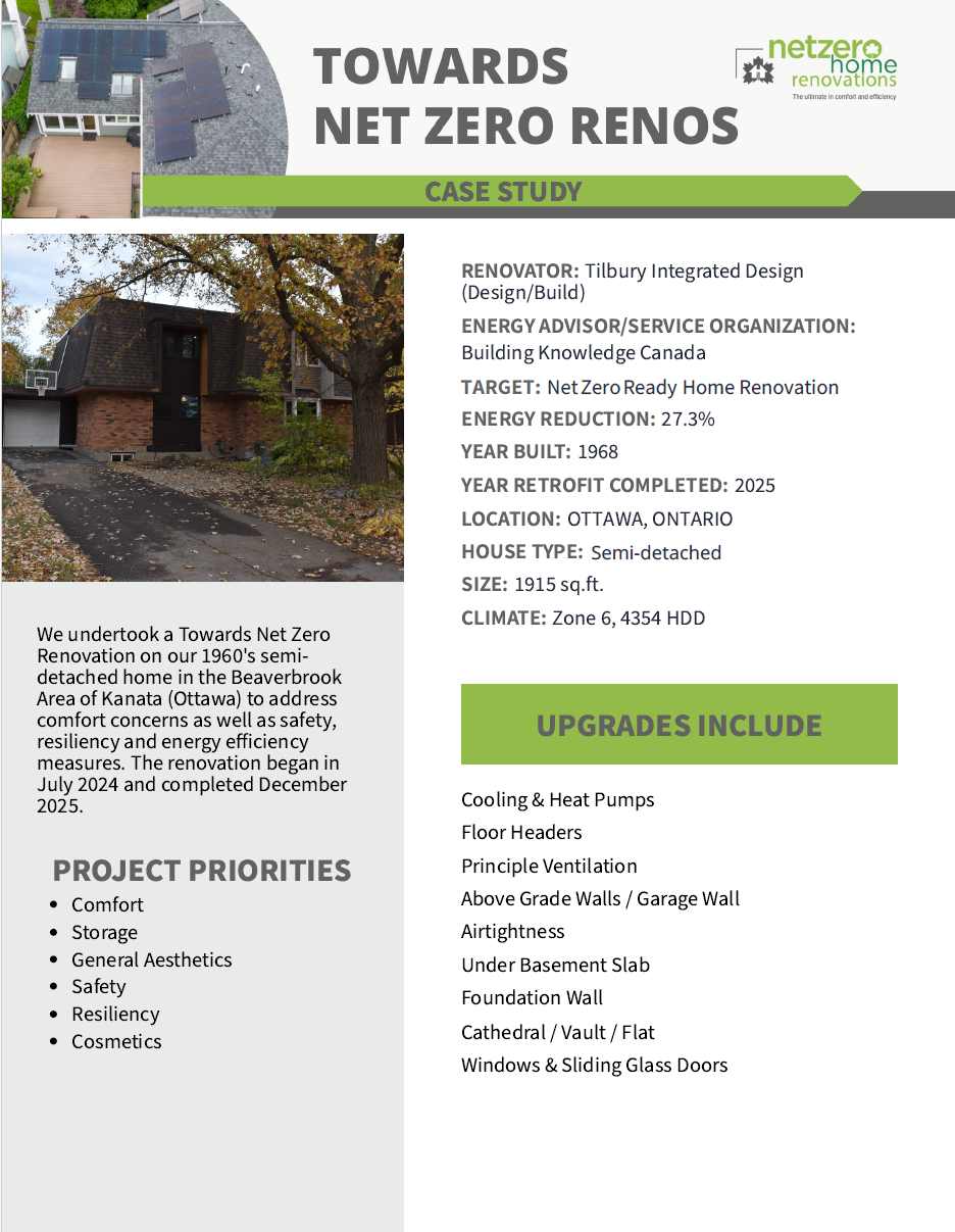 Towards Net Zero Renos Case Studies: Flyer highlights an Ottawa net zero home renovation, detailing project priorities, energy-saving upgrades, year built, and features—plus a house photo and Net Zero Home Renovations logo at the top.