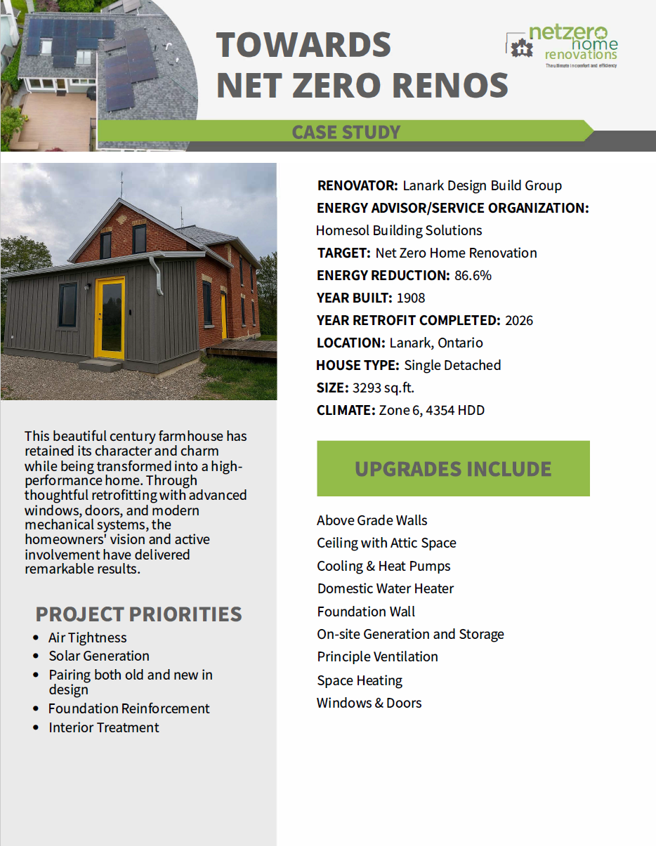 A Towards Net Zero Renos Case Studies flyer featuring project details, priorities, and upgrades for a renovated historic home, with green and gray design elements and a sunny-day photo of the transformed house.