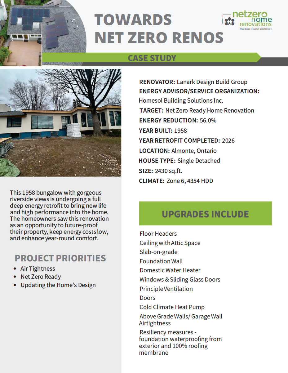 A flyer for Towards Net Zero Renos Case Studies describes a 1958 bungalow retrofit, listing priorities like air tightness and upgrades such as floor heaters, attic insulation, and a cold climate heat pump.