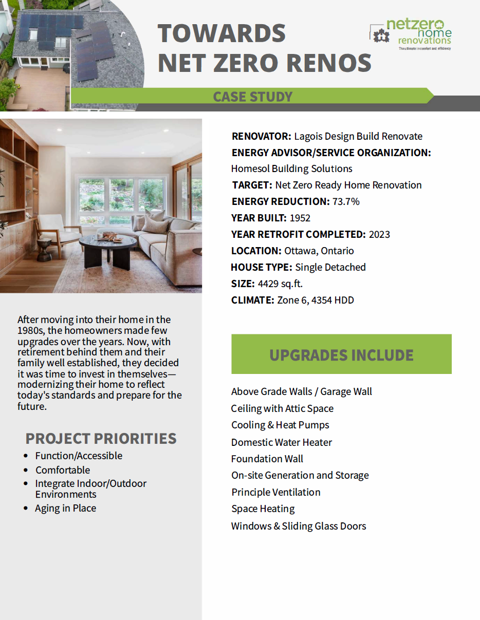 Towards Net Zero Renos Case Studies flyer showcasing a net zero home renovation, with project details, priorities, upgrades, and a family photo. Green and gray color scheme with logos and info blocks.