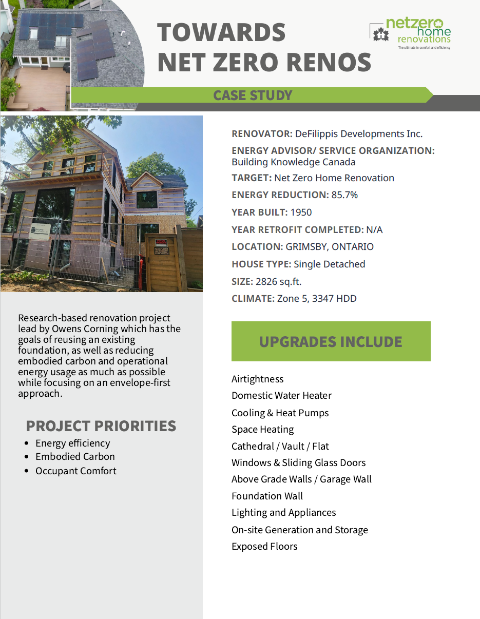 Flyer for Towards Net Zero Renos Case Studies featuring project data, upgrades, and priorities for a 1950 house renovation in Grimsby, Ontario, with a focus on energy efficiency and sustainable building practices.