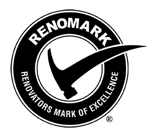 RenoMark logo featuring a hammer inside a checkmark, with the text RENOMARK RENOVATORS MARK OF EXCELLENCE around the border, representing a standard for quality adaptiv home renovation.