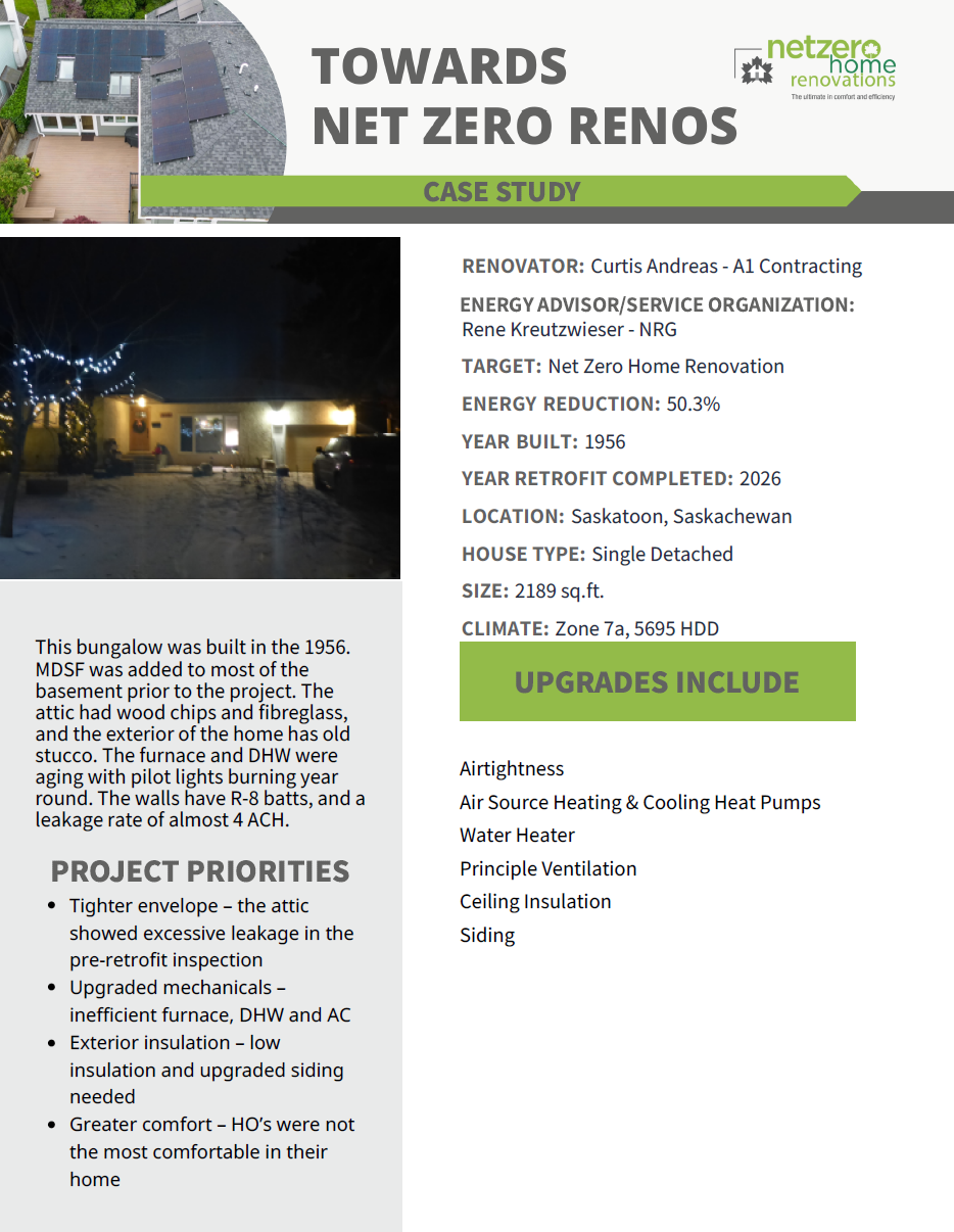 Case study flyer for a 1956 Saskatoon bungalow retrofitted for net zero. Includes project goals, upgrades, home specs, climate data, photos, and Towards Net Zero Renos Case Studies branding.
