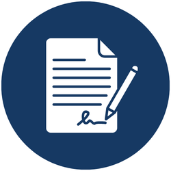 Icon of a document with lines of text and a signature at the bottom, with a pencil writing on it, set inside a dark blue circle.