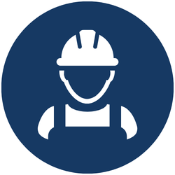 White icon of a construction worker wearing a hard hat and overalls on a dark blue circular background.